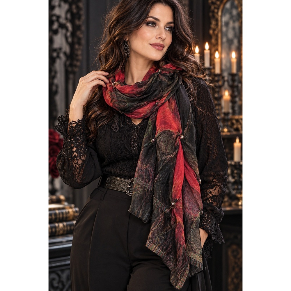 Chico's Ruched Scarf Sheer Black Red Floral Bead Detail Fall Autumn Goth